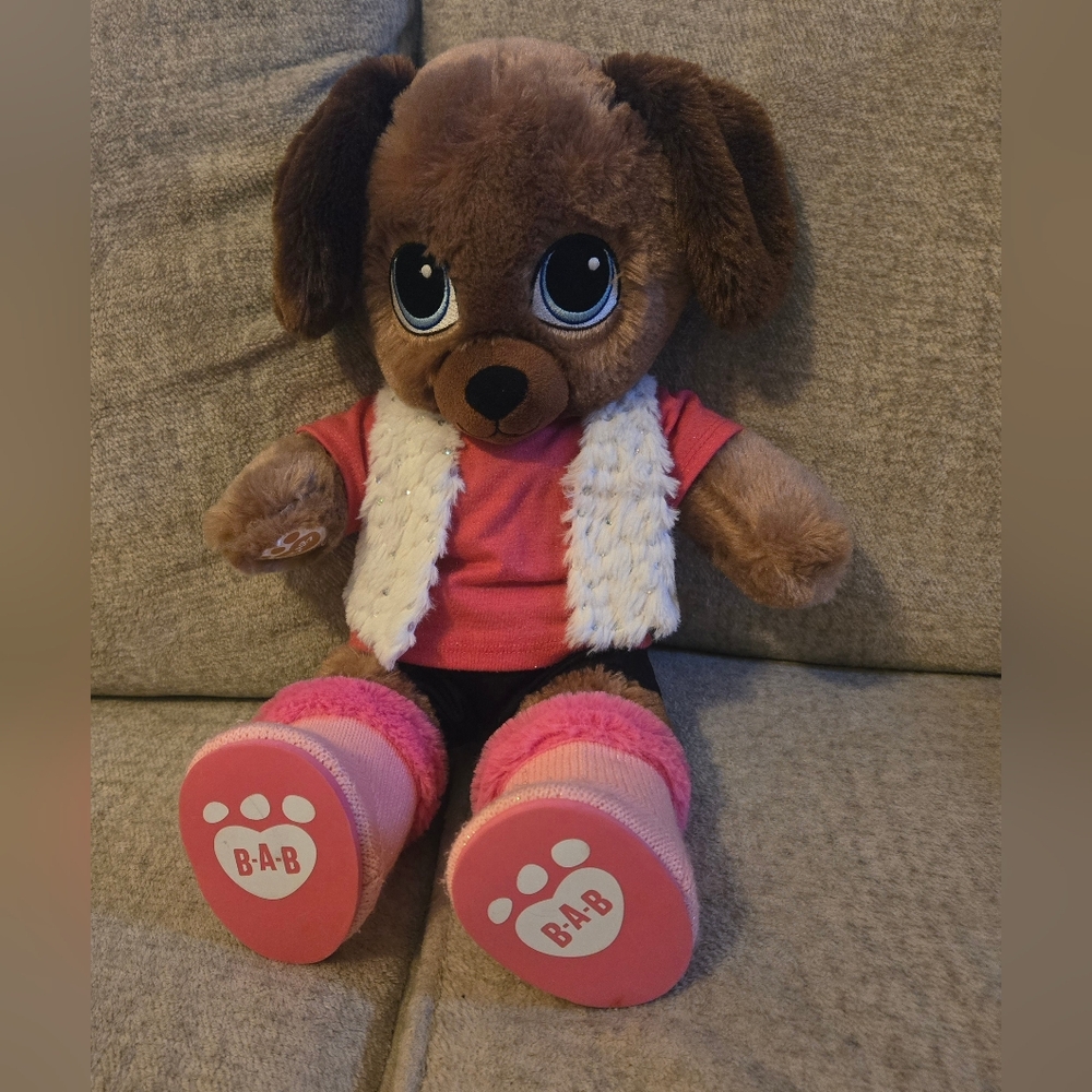 Build A Bear Puppy Dog Sweet Hugs Brown Blue Eyes Plush 17" With Full BAB Outfit